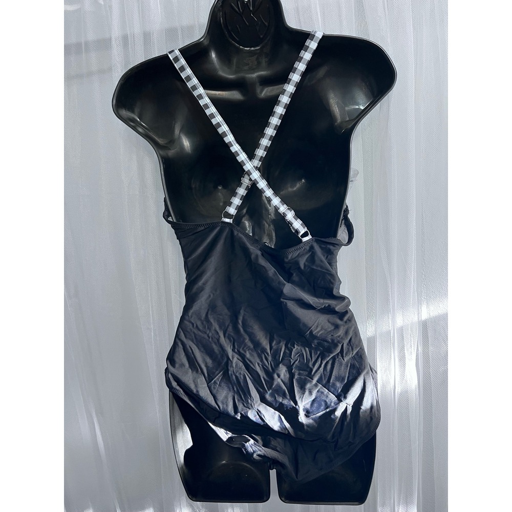 Womens Black White Gingham Twist Front Cutout One Piece Swimsuit Size Large - Picture 2 of 3